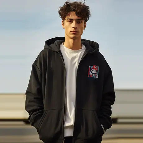 日系加肥加大码男装连帽胖子外套拉链卫衣宽松加绒休闲百搭春秋款图片