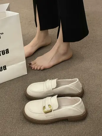 乐福鞋女2023新款夏季厚底复古一脚蹬小皮鞋英伦风黑色软底单鞋女商品大图