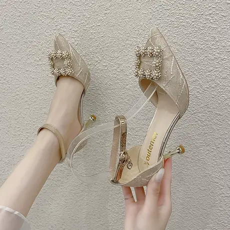 永希女鞋珍珠方扣仙女风高跟鞋女2023年春细跟尖头包头凉鞋女单鞋图片