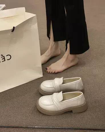 白色乐福鞋女厚底春秋百搭鞋子英伦风小皮鞋平底鞋小众设计感单鞋商品大图