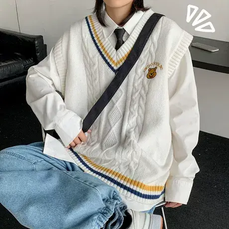春秋季大码胖mm马甲针织衫女装外穿背心学院风毛衣坎肩外套200斤商品大图