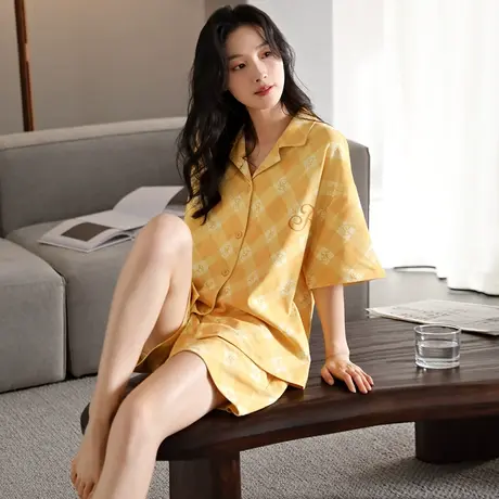 婷美2024年新款睡衣女夏季纯棉短袖短裤开衫休闲家居服薄款两件套商品大图