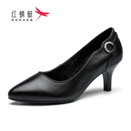 红蜻蜓女鞋春秋季高跟牛皮尖头浅口单鞋职场细跟舒适软皮软底透气图片