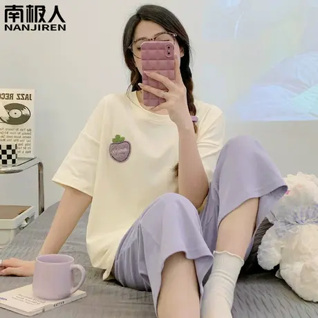 女士睡衣女夏款夏季纯棉短袖七分裤素雅家居服女款2024新款春秋款商品大图