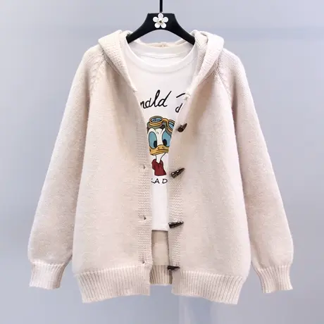 复古慵懒风牛角扣连帽毛衣外套女秋冬2023新款宽松加厚针织开衫商品大图