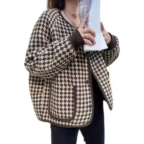 格子秋冬毛呢外套女针织开衫文艺复古宽松上衣百搭高级感2023新款商品大图