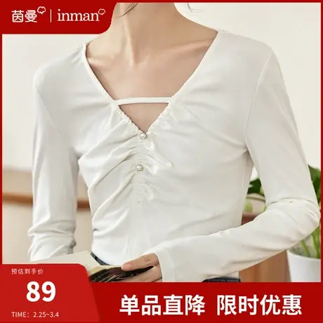 茵曼旗舰店法式气质长袖T恤女2024春季新款v领显瘦打底衫别致上衣图片