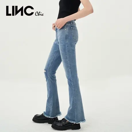 LINC金羽杰2023年夏秋季新款复古中高腰修身破洞微喇牛仔裤女商品大图