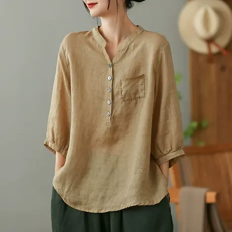 dza 复古苎麻口袋衬衫女2023夏薄款立领衬衣漂亮宽松棉麻套头上衣图片