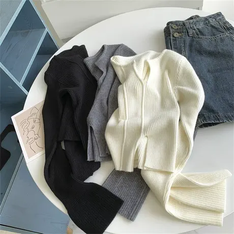 纯欲风高腰短款V领针织衫女秋季新款设计感短款长袖前开叉针织衫商品大图