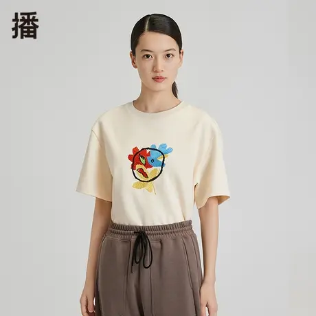 播短袖体恤上衣2023夏季新款休闲宽松螺纹简约圆领舒适刺绣T恤女商品大图