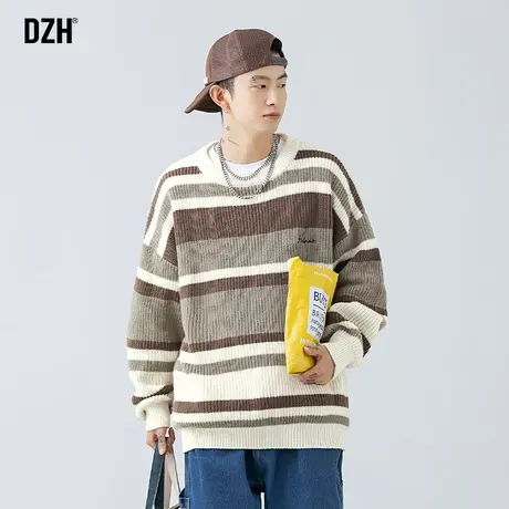 男士慵懒风条纹毛衣男冬季男装2023新款宽松毛线衣早秋新款针织衫商品大图