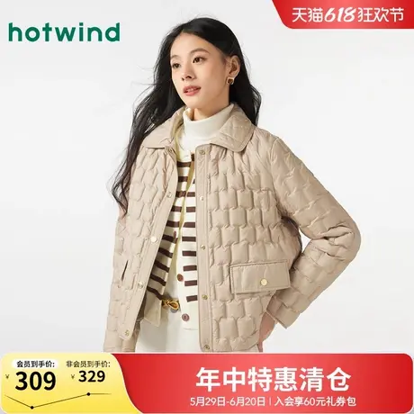 热风2024年冬季新款女士翻领压胶轻薄羽绒服短款舒适百搭鸭绒外套图片