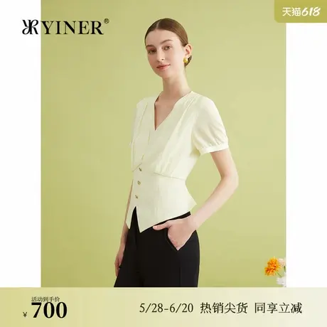 YINER音儿专选夏季法式优雅时尚假两件拼接V领衬衫上衣商品大图
