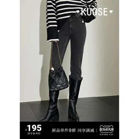 阔色黑色紧身加绒牛仔裤女2023新款秋冬铅笔裤高腰保暖窄脚长裤子商品大图