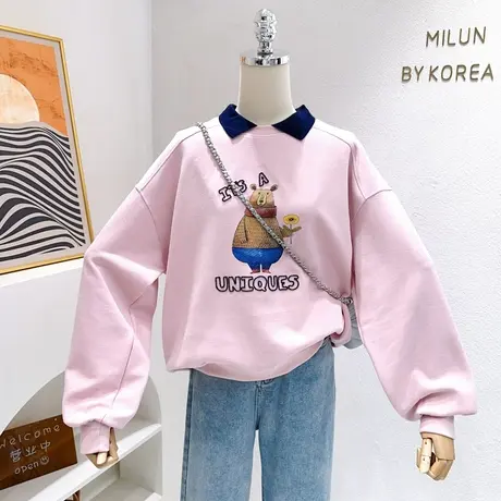 2023秋季韩代同款上衣~高级感小熊花朵Polo领长袖卫衣小个子遮肉商品大图