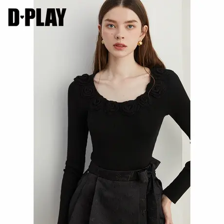 DPLAY2025年春季通勤百搭黑色圆领修身针织衫含羊毛上衣女毛衫商品大图