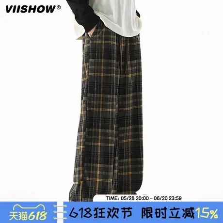 VIISHOW港风复古格子休闲长裤男秋宽松潮牌百搭撞色阔腿直筒裤子商品大图