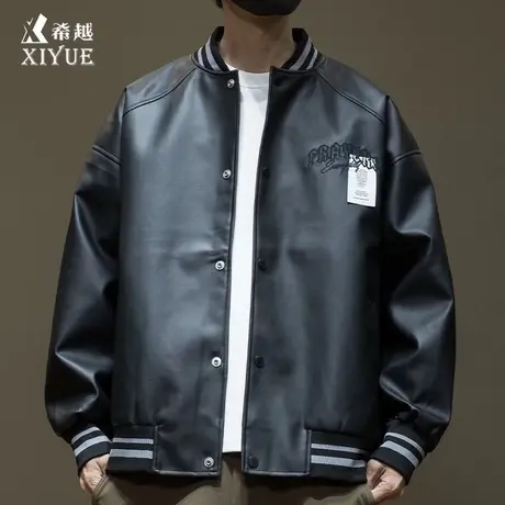 复古PU皮衣男美式潮牌加肥棒球服外套春秋季宽松大码痞帅机车夹克商品大图
