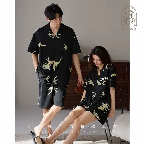 妮狄娅情侣睡衣女夏凉感柔软棉薄款男短袖开衫短裤时尚家居服套装商品大图