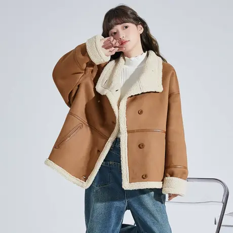 唐狮外套秋冬新款女翻领仿麂皮绒仿羊羔毛休闲洋气美拉德外套商品大图