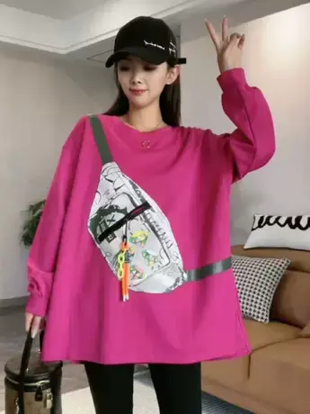 遮肉显瘦拉链斜挎包圆领长袖t恤卫衣新款卡通印花休闲上衣潮体恤图片