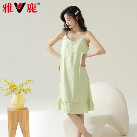 雅鹿带胸垫睡裙女款夏季纯棉短袖中长款连衣裙2025年新款睡衣女士商品大图