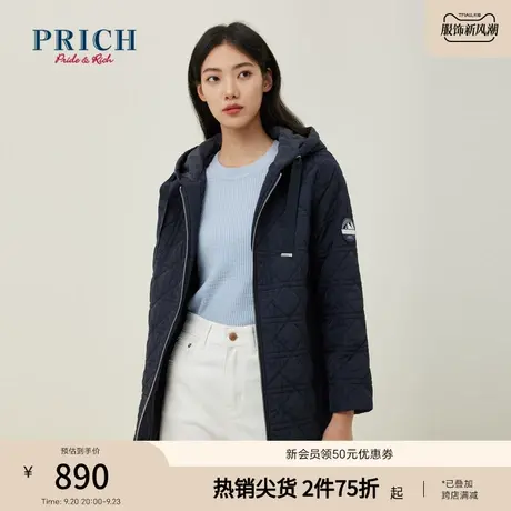 PRICH商场同款棉服新品秋冬新款菱形格连帽设计款系带外套女商品大图