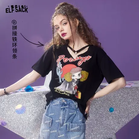 【新款】妖精的口袋黑色v领纯棉短袖t恤女2023春季小众设计感上衣图片