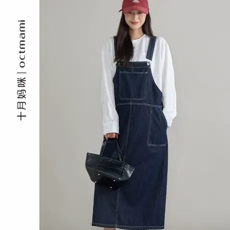 十月妈咪孕妇后开叉牛仔背带裙2025新款秋季外穿宽松连衣裙秋装商品大图