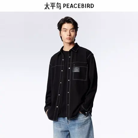 太平鸟男装 春季新款黑色长袖衬衫男B1CHE1314图片