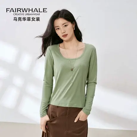 马克华菲桑蚕丝长袖T恤女2025新款修身显瘦气质宽松打底衫上衣U领图片