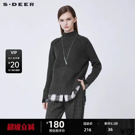 sdeer圣迪奥女装休闲高领格纹拼接宽松针织衫S21483514图片