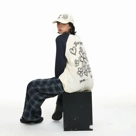 美式复古插肩袖创意印花长袖T恤女秋季新款宽松撞色情侣圆领上衣商品大图