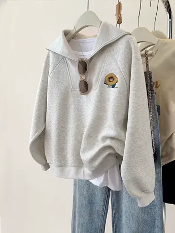 日系复古chic无帽卫衣女大码ins潮牌秋冬加绒加厚闺蜜装外套上衣商品大图