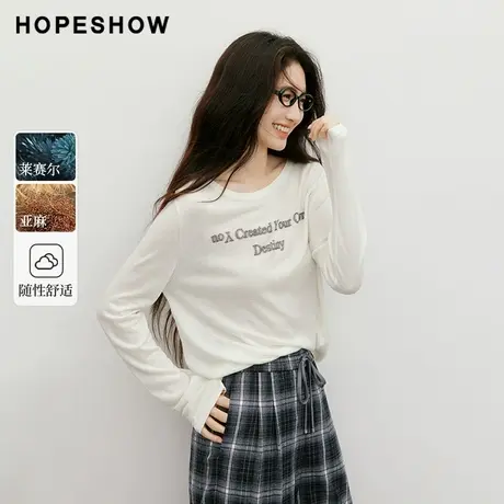 红袖2025秋季新款女装 做旧字母印花落肩长袖圆领套头针织衫商品大图