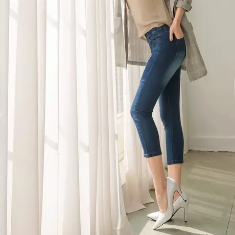 桔熊夏季七分牛仔裤子少女薄款磨白高腰收腹修身小脚裤大码BA6137图片