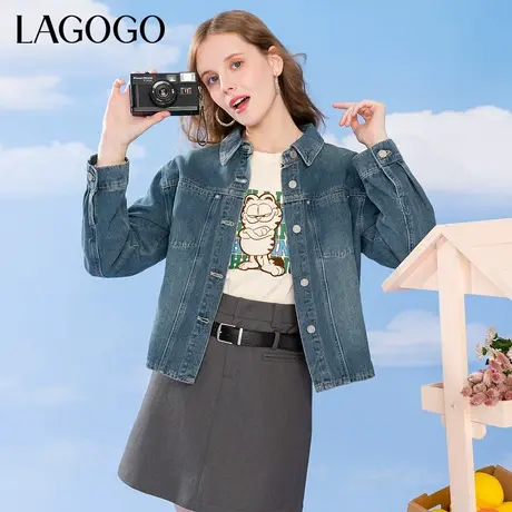 LAGOGO浅色牛仔短外套女拉谷谷春夏新款翻领单排扣复古休闲长袖商品大图