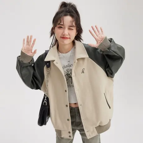 尔给拼接休闲夹克外套女秋冬2022年新款高级感炸街韩版设计感潮牌商品大图