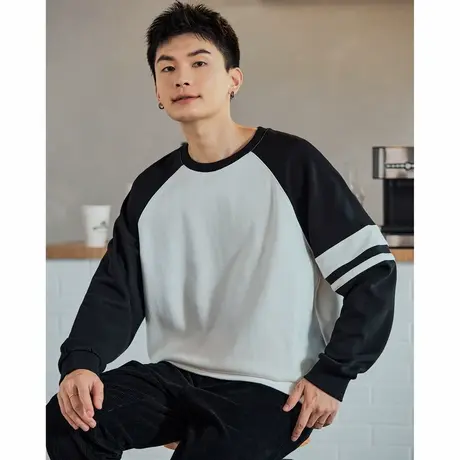 唐狮春秋新款男卫衣圆领美式学院风插肩袖撞色拼接宽松套头衫TE图片