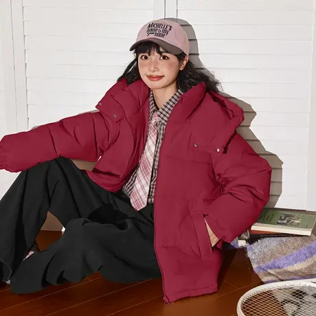 唐狮立领连帽面包服女款时尚洋气棉服冬季贺岁红本命年女生外套VB图片