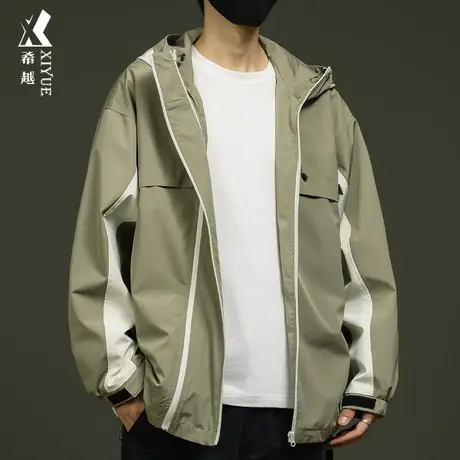 防泼水男士夹克秋季宽松大码撞色冲锋衣外套男款连帽工装风登山服商品大图