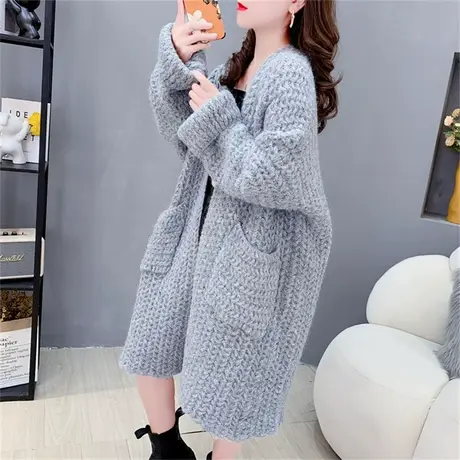 宽松慵懒风粗毛线毛衣开衫女秋季2023新款韩版中长款过膝针织外套商品大图