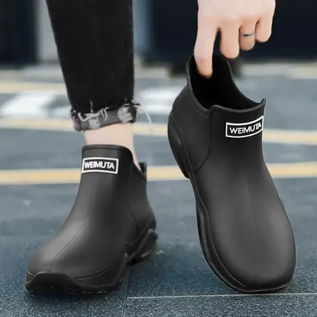 雨鞋男款冬季黑色耐磨厨房工作短筒水鞋户外钓鱼防水防滑劳保胶鞋商品大图