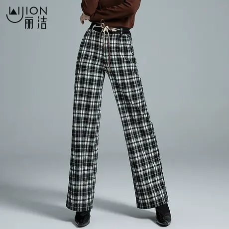 丽洁宽松阔腿裤女2023新款秋冬加厚格子裤高腰毛呢裤女裤直筒长裤商品大图