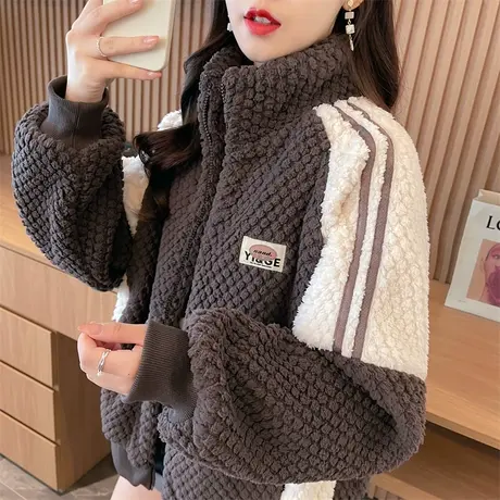 撞色羊羔毛外套女2023新款秋冬季韩版宽松加绒加厚半高领开衫卫衣图片