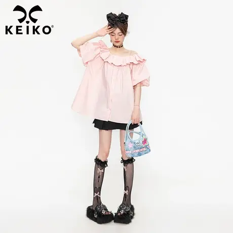 温柔风一字肩荷叶边上衣女纯棉2023夏季气质露肩粉色泡泡袖上衣商品大图