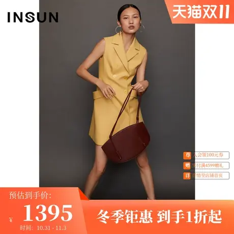 恩裳春秋季设计师联名款都市摩登无袖黄色西装领连衣裙图片