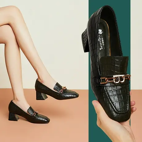 春秋新款里外全皮方头小皮鞋女中跟粗跟黑色百搭女鞋舒适包邮商品大图