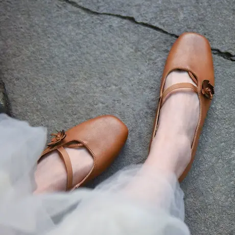 Artmu阿木原创方头奶奶鞋玛丽珍鞋花朵浅口单鞋女平底真皮新款商品大图